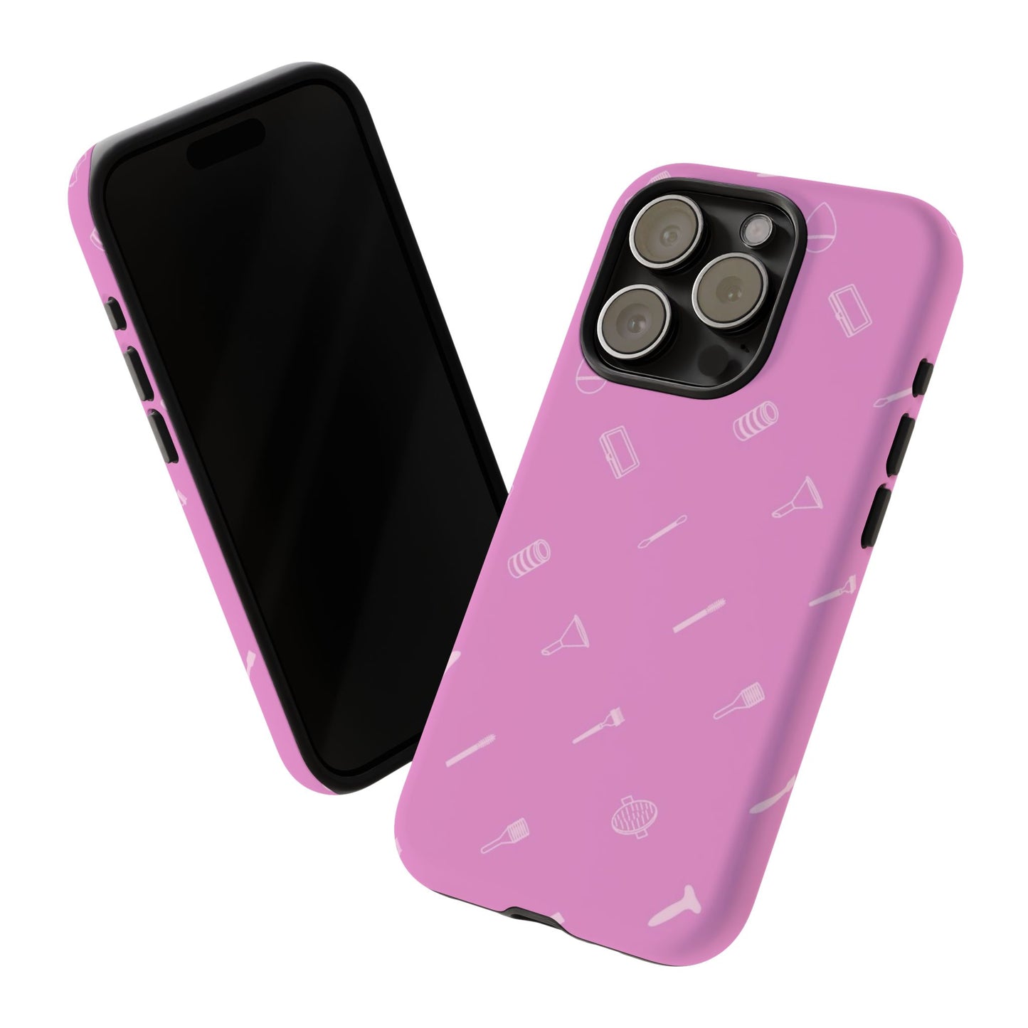 A pink mobile phone case with a pattern of beauty-related icons, such as lipstick and mascara, in a repeated design.