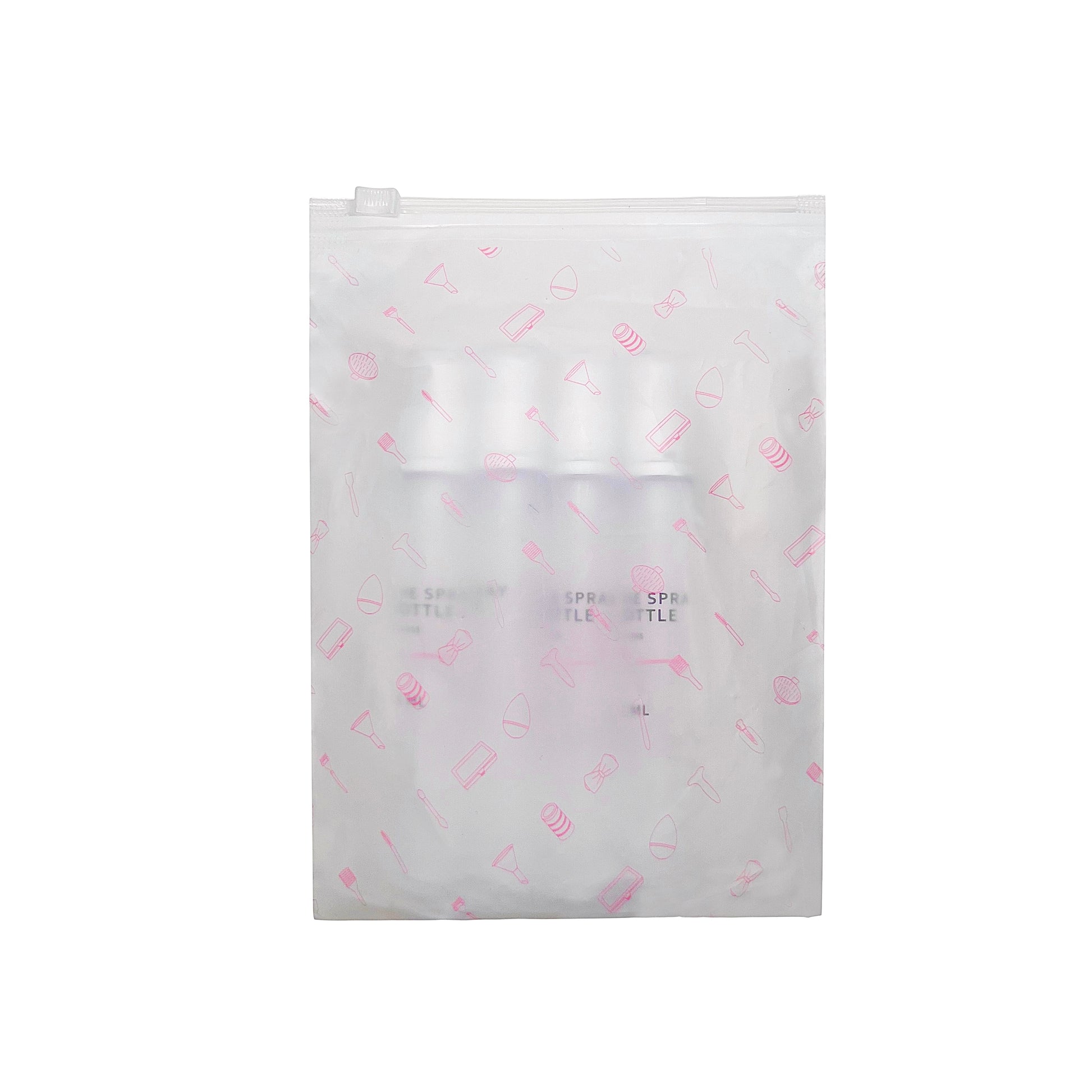 A clear, compact spray bottle with a white pump, labeled 'The Spray Bottle', part of a 4 pack set, intended for travel and storage purposes.