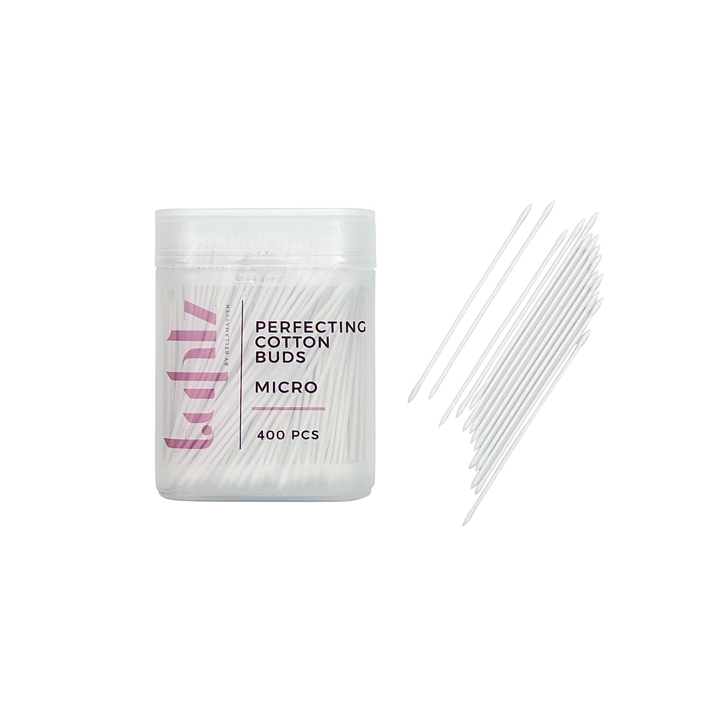 A clear plastic box containing white perfecting cotton buds, labeled as 'MICRO 400 PCS'.