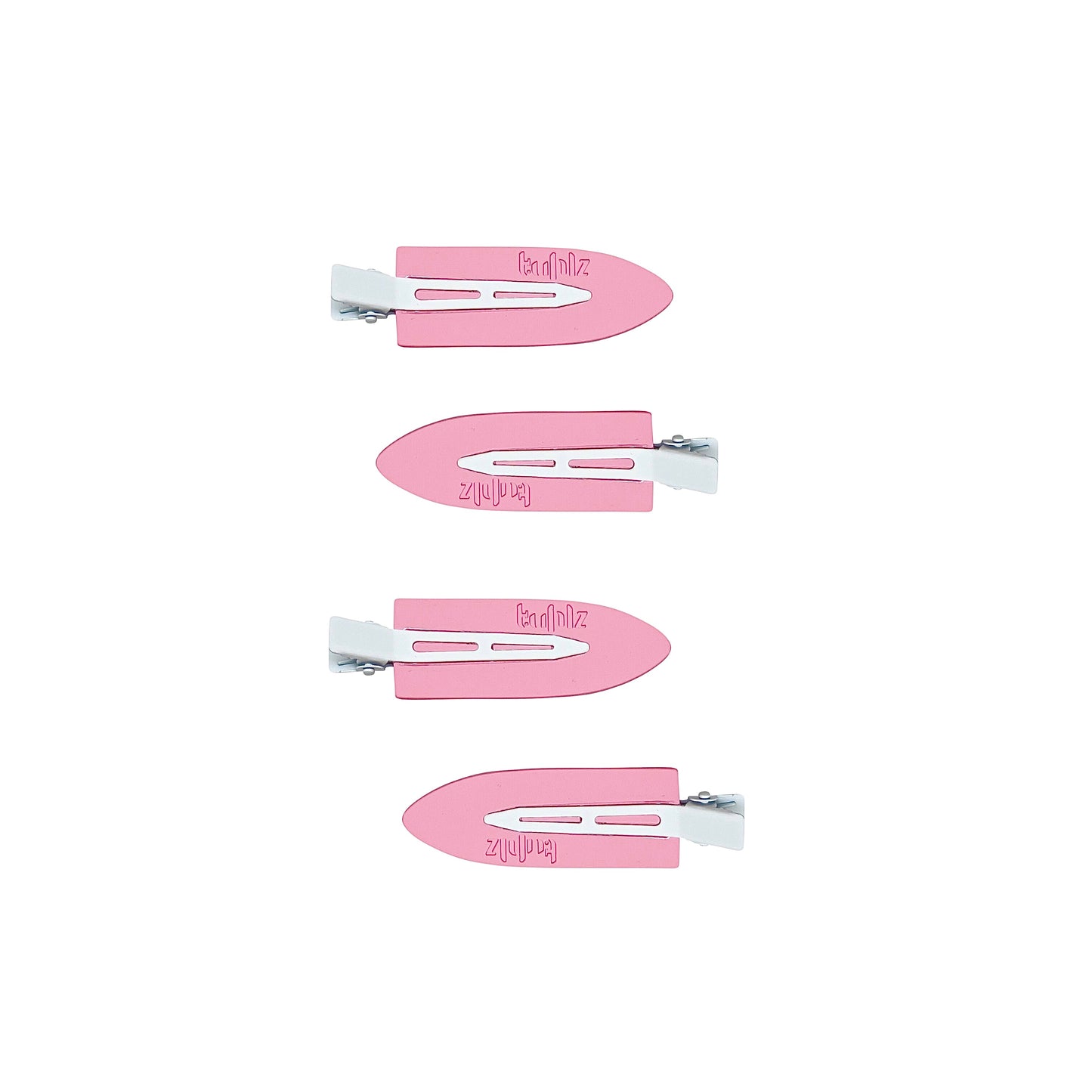 Four pink hair clips of varying sizes displayed in front of a transparent storage case with a white label.