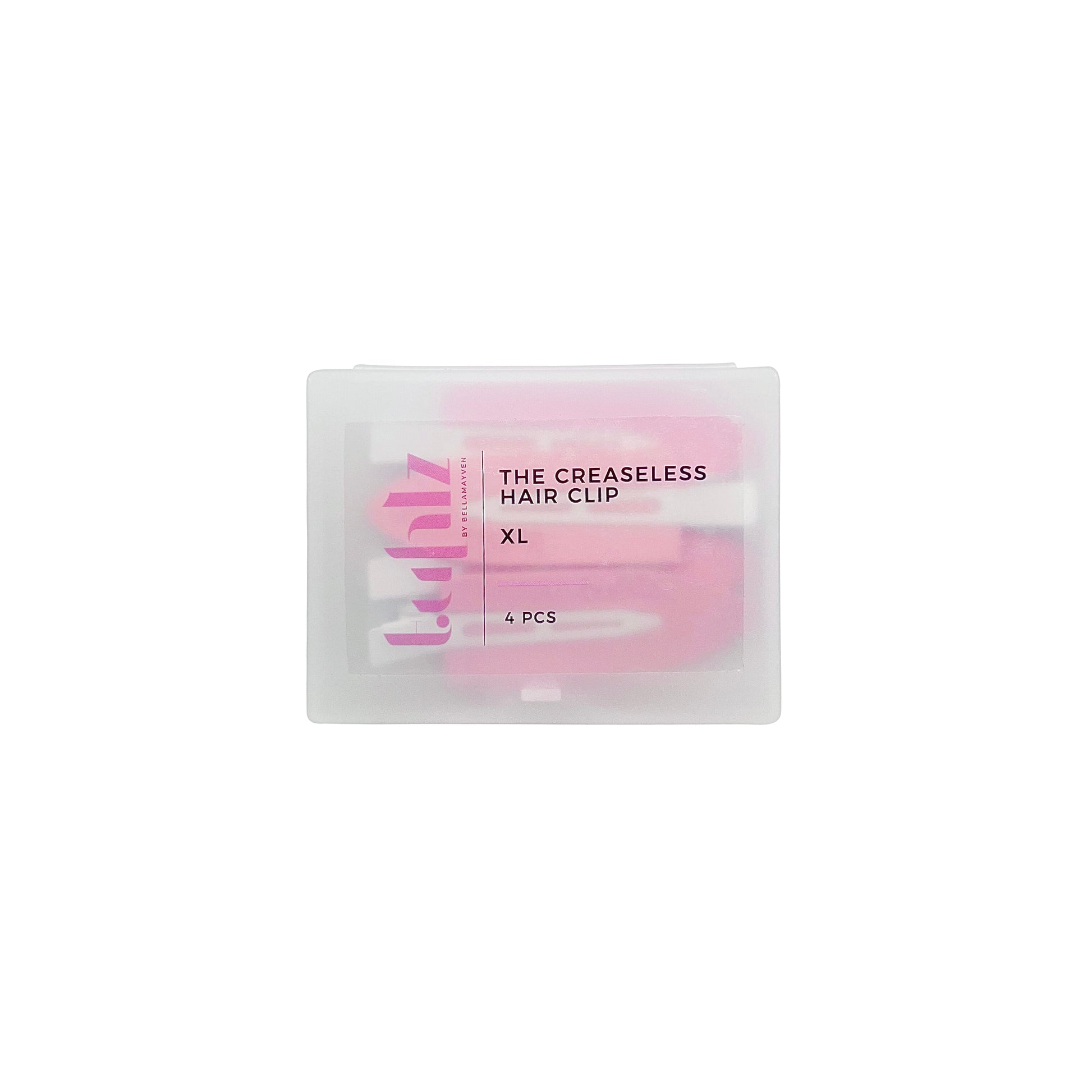 Four pink hair clips of varying sizes displayed in front of a transparent storage case with a white label.
