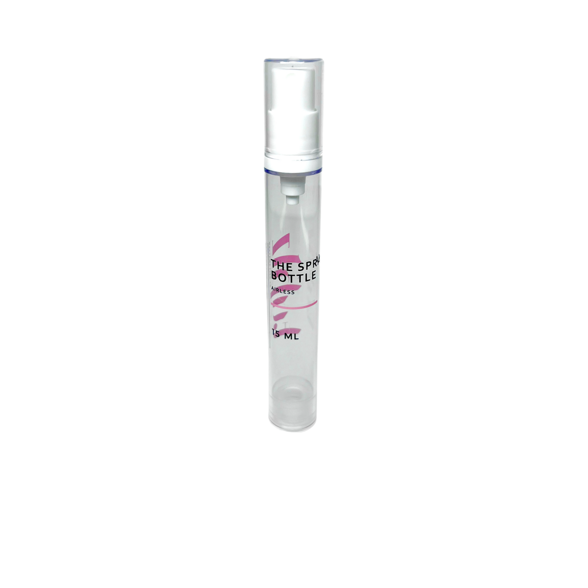 A clear, compact spray bottle with a white pump, labeled 'The Spray Bottle', part of a 4 pack set, intended for travel and storage purposes.