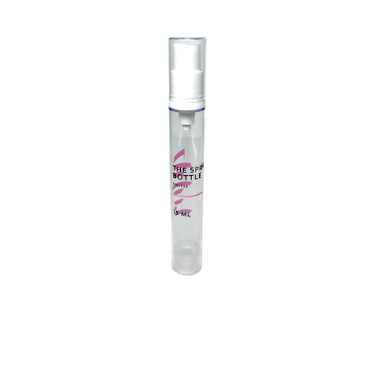 A clear, compact spray bottle with a white pump, labeled 'The Spray Bottle', part of a 4 pack set, intended for travel and storage purposes.