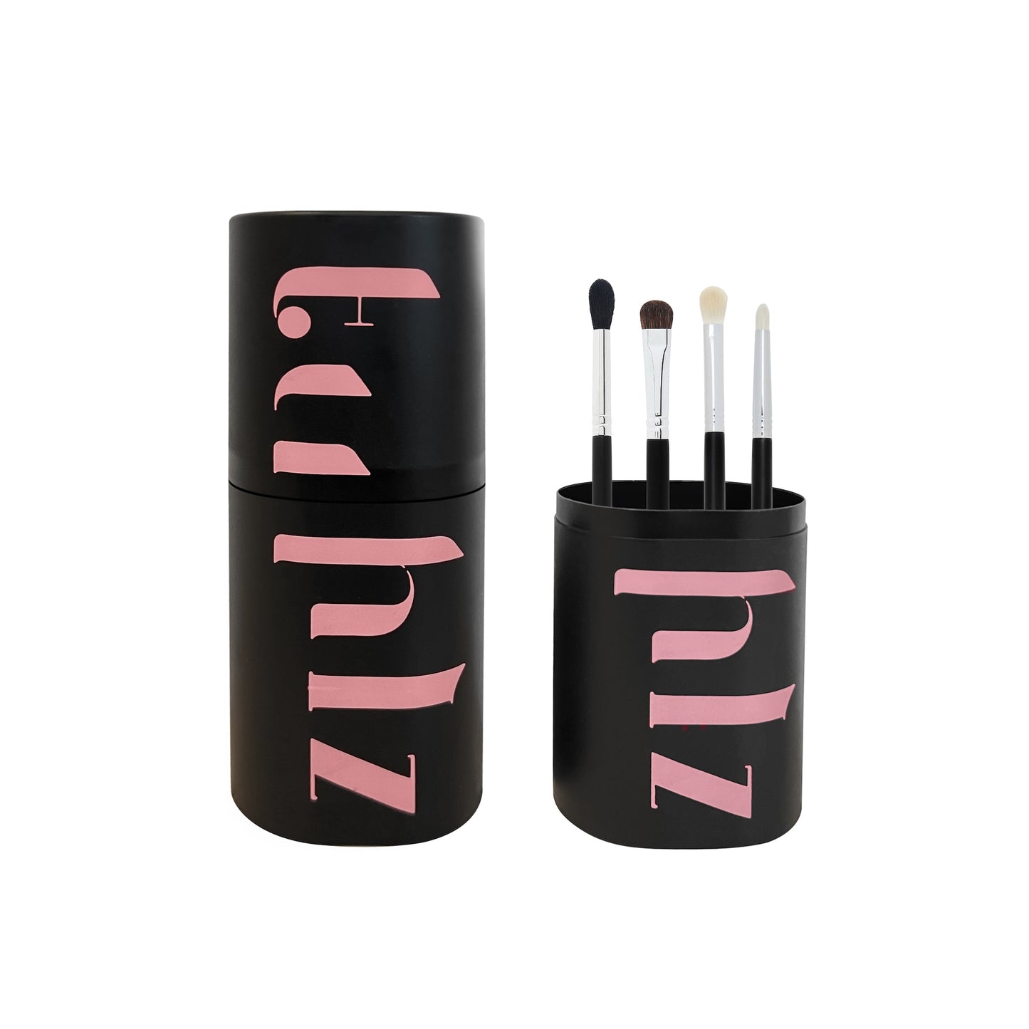A black cylindrical brush holder with the text 'KATZ' in pink. It is displayed in a closed and open position, showing the holder with multiple makeup brushes inside.