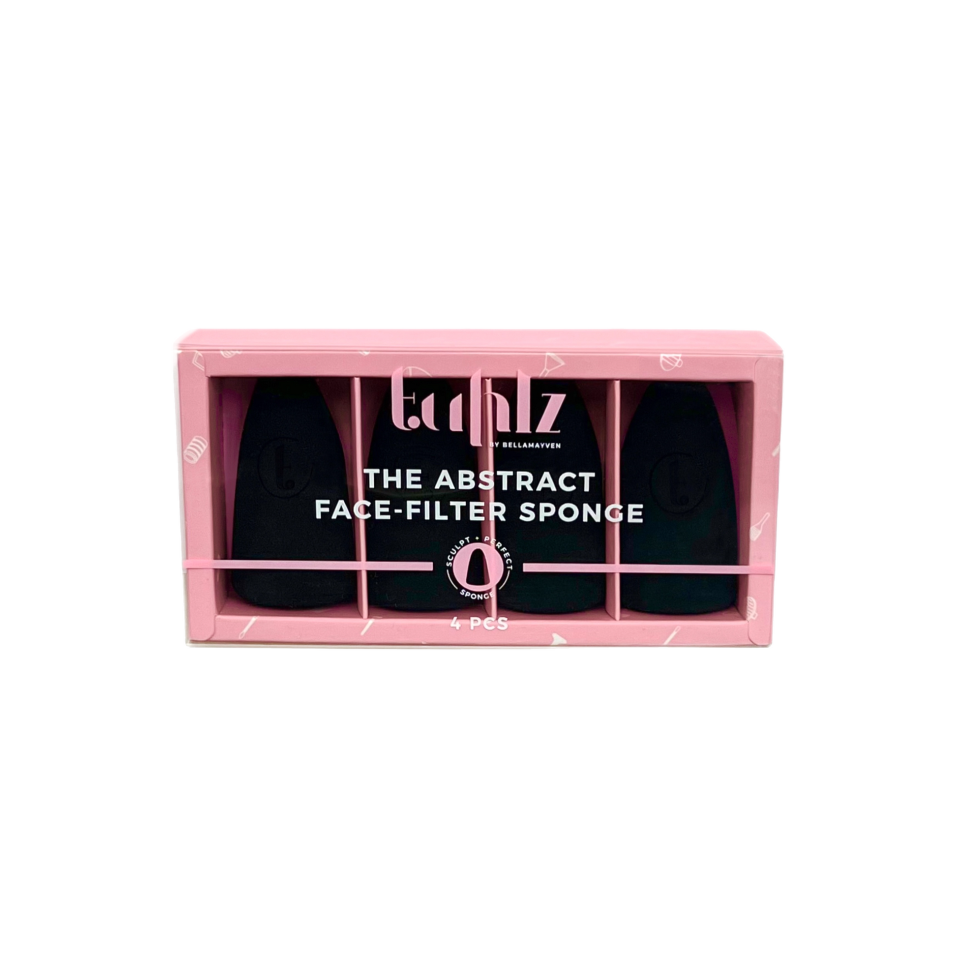 A pink packaging containing four black makeup sponges with the brand name 'Tahliz' and product name 'THE ABSTRACT FACE-FILTER SPONGE' displayed on the packaging.