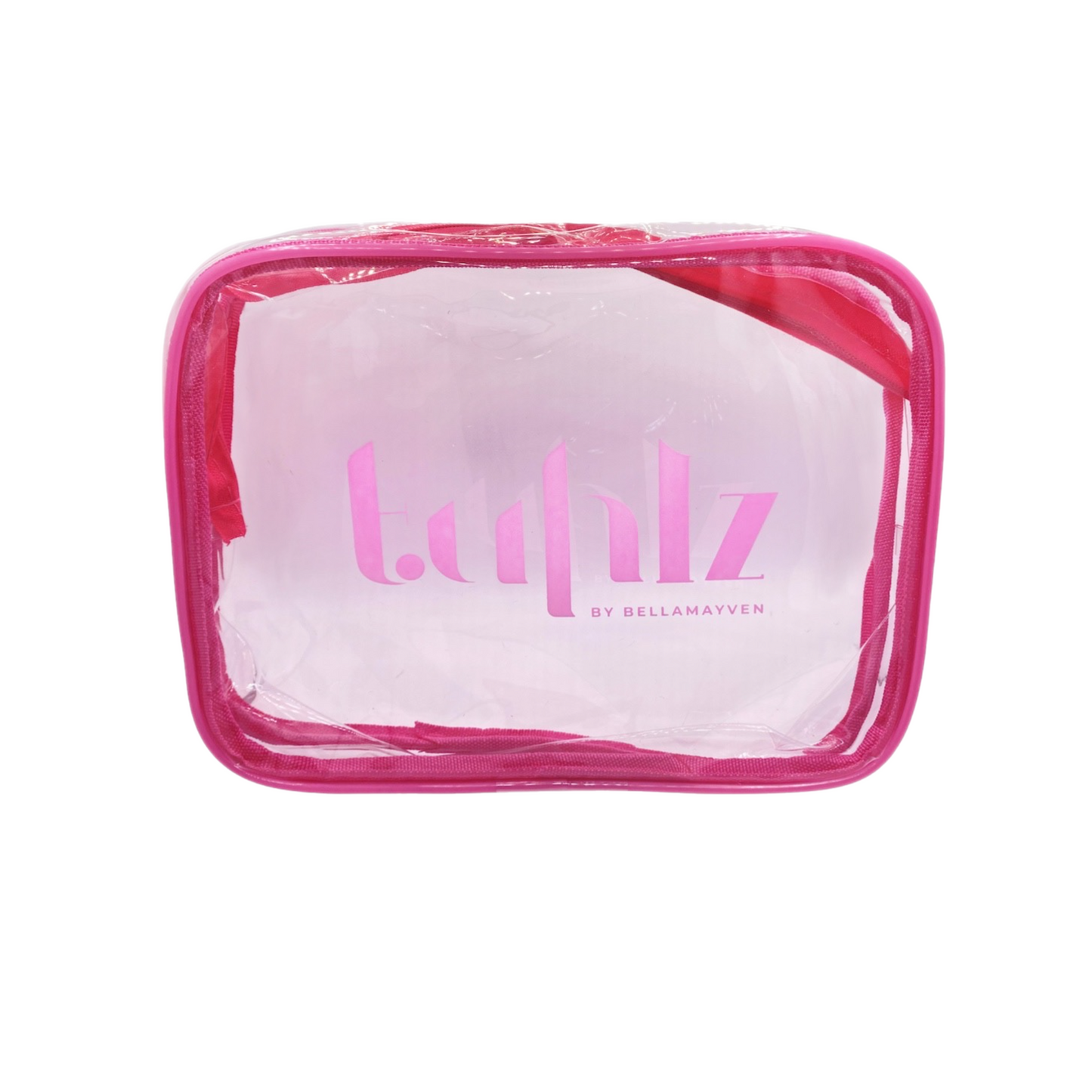 A clear cosmetic travel bag with pink trim and the brand name 'Tuhlz' printed in pink.