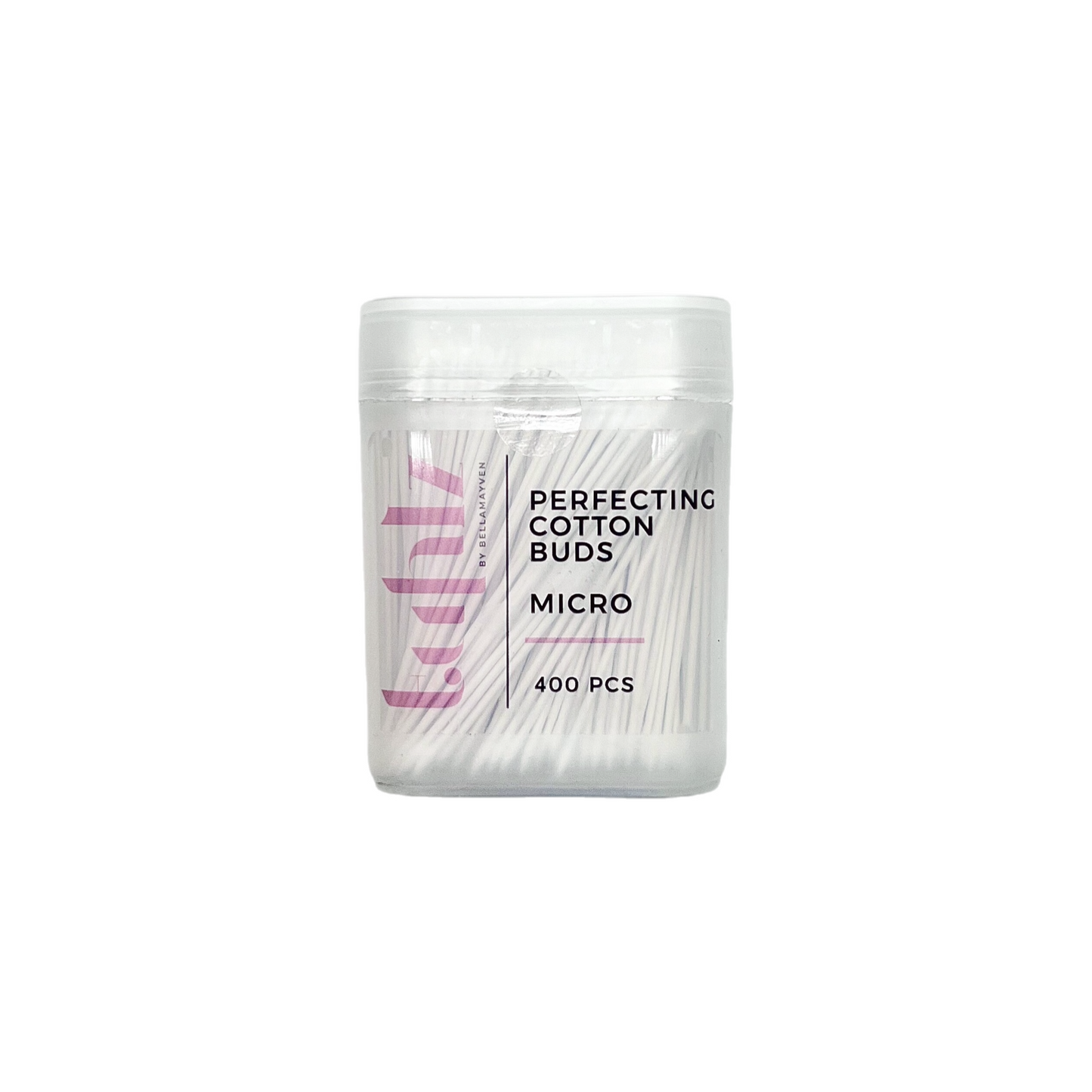 A clear plastic box containing white perfecting cotton buds, labeled as 'MICRO 400 PCS'.