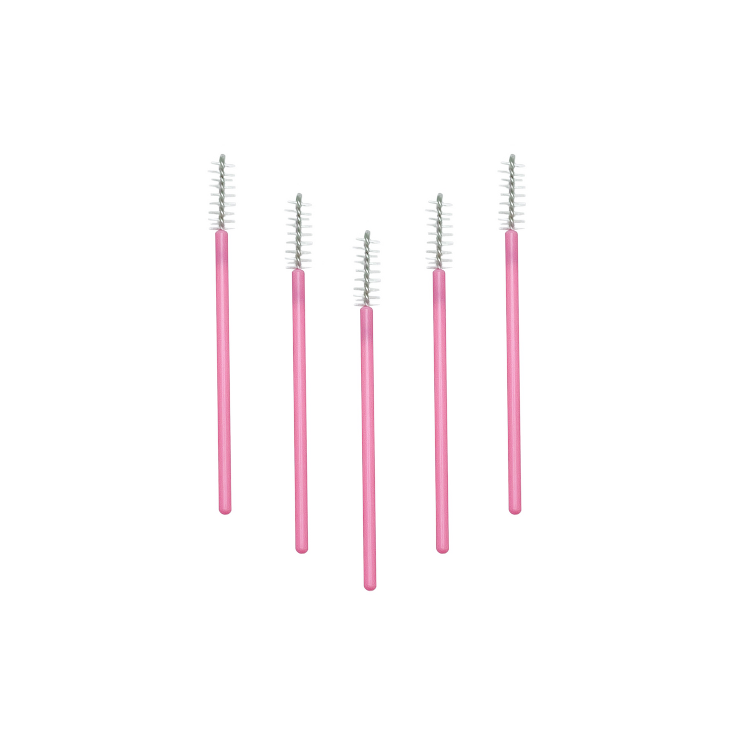 A collection of pink mini lash mascara wands with bristles, designed for precise application of mascara and brow products.