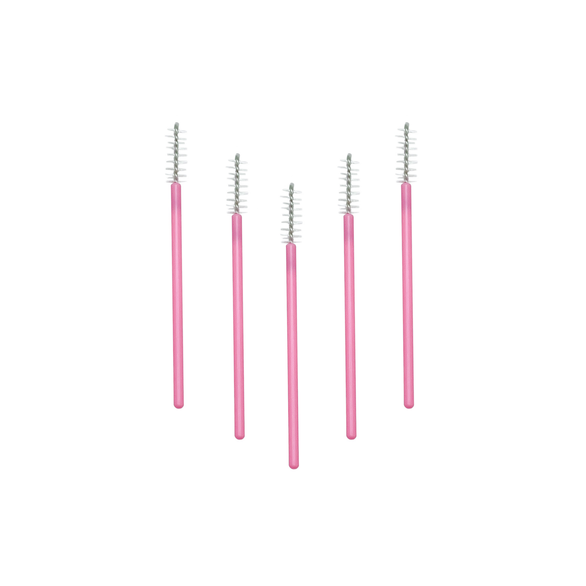 A collection of pink mini lash mascara wands with bristles, designed for precise application of mascara and brow products.