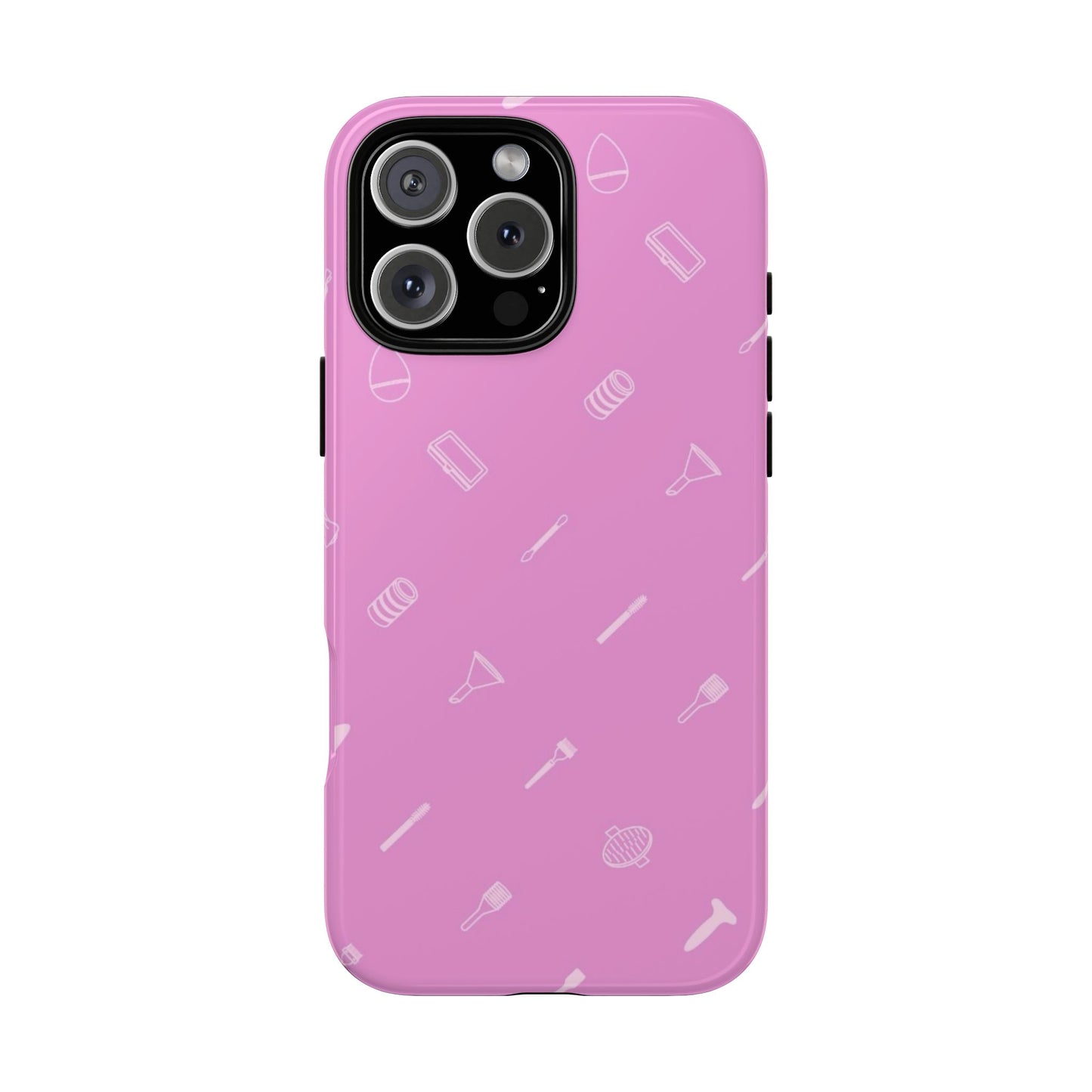A pink mobile phone case with a pattern of beauty-related icons, such as lipstick and mascara, in a repeated design.