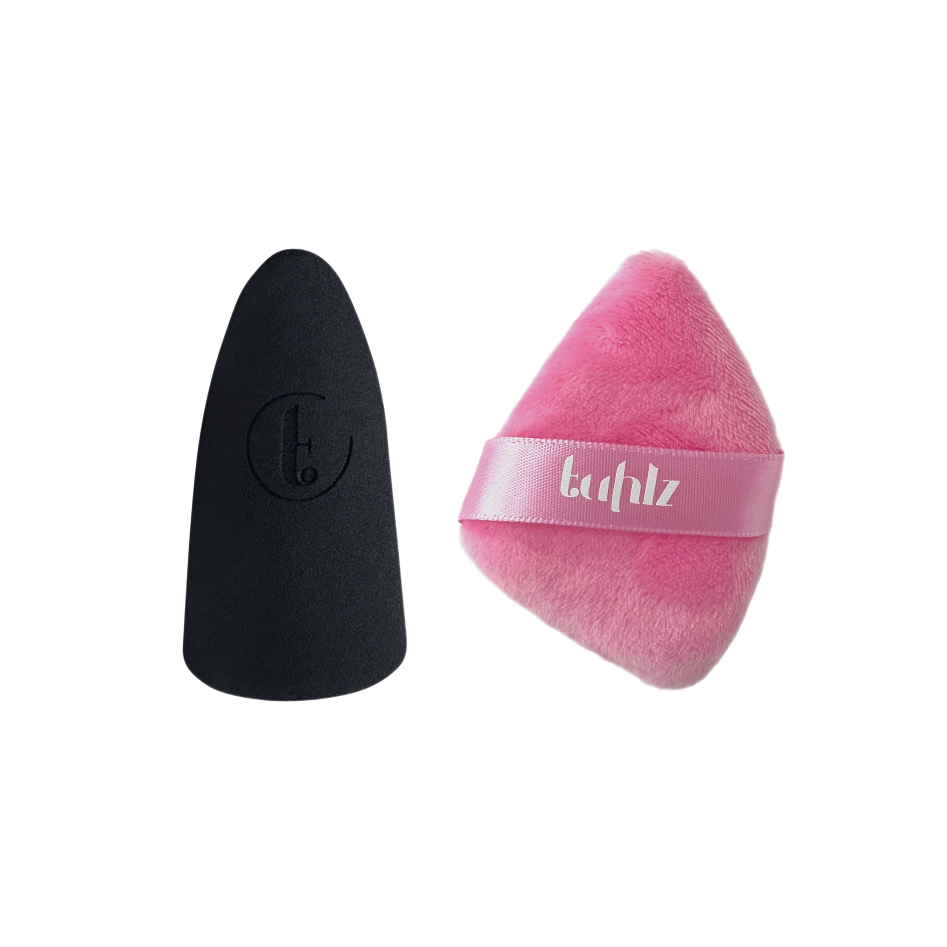 The image shows a black abstract sponge on the left and  pink luxe powder puffs with the brand name 'bohinz' on them on the right.