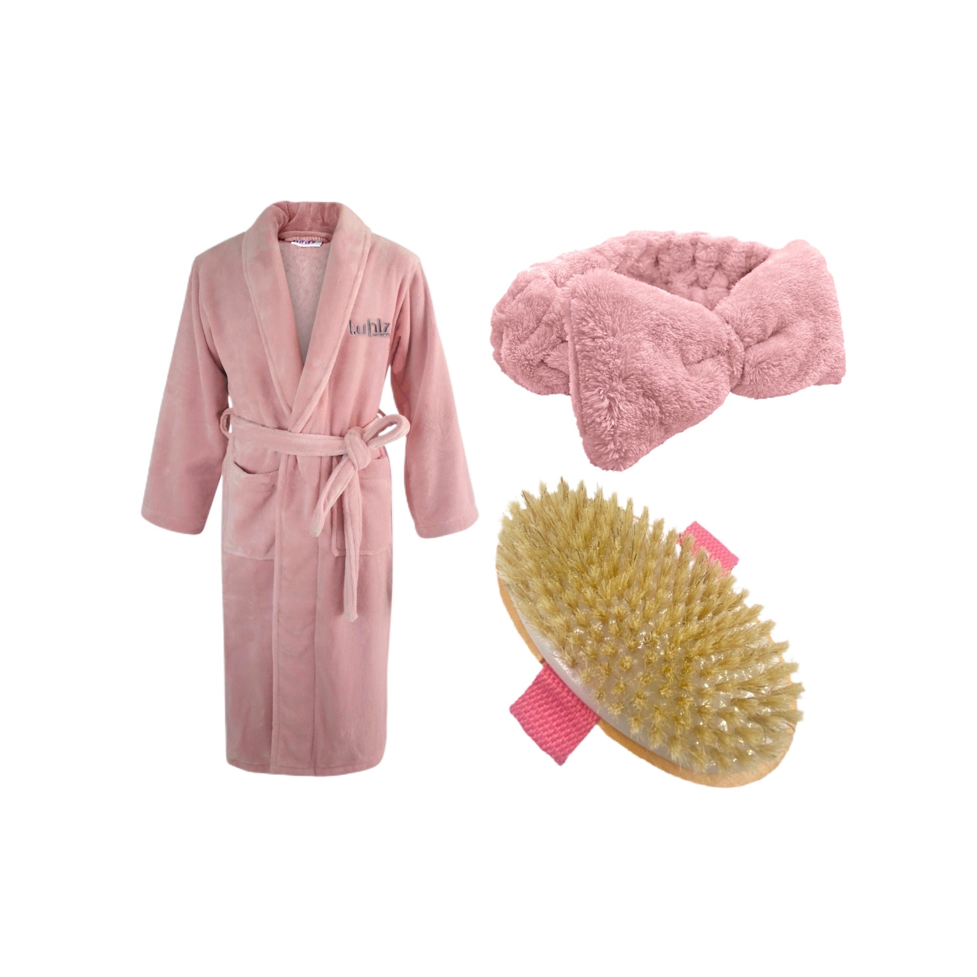 TUHLKit Body Care Kit with ultra plush robe, headband, and exfoliating body brush – luxury self-care set by Tuhlz