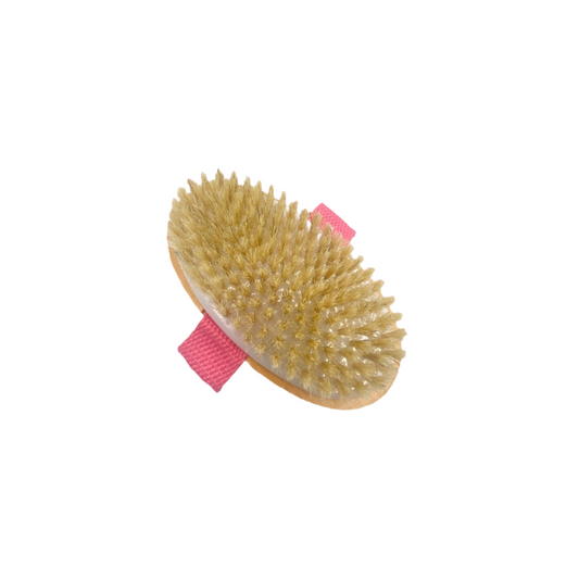 Tuhlz natural exfoliating body brush with wooden handle and mixed bristles, ideal for dry brushing or shower exfoliation to remove dead skin and improve circulation.