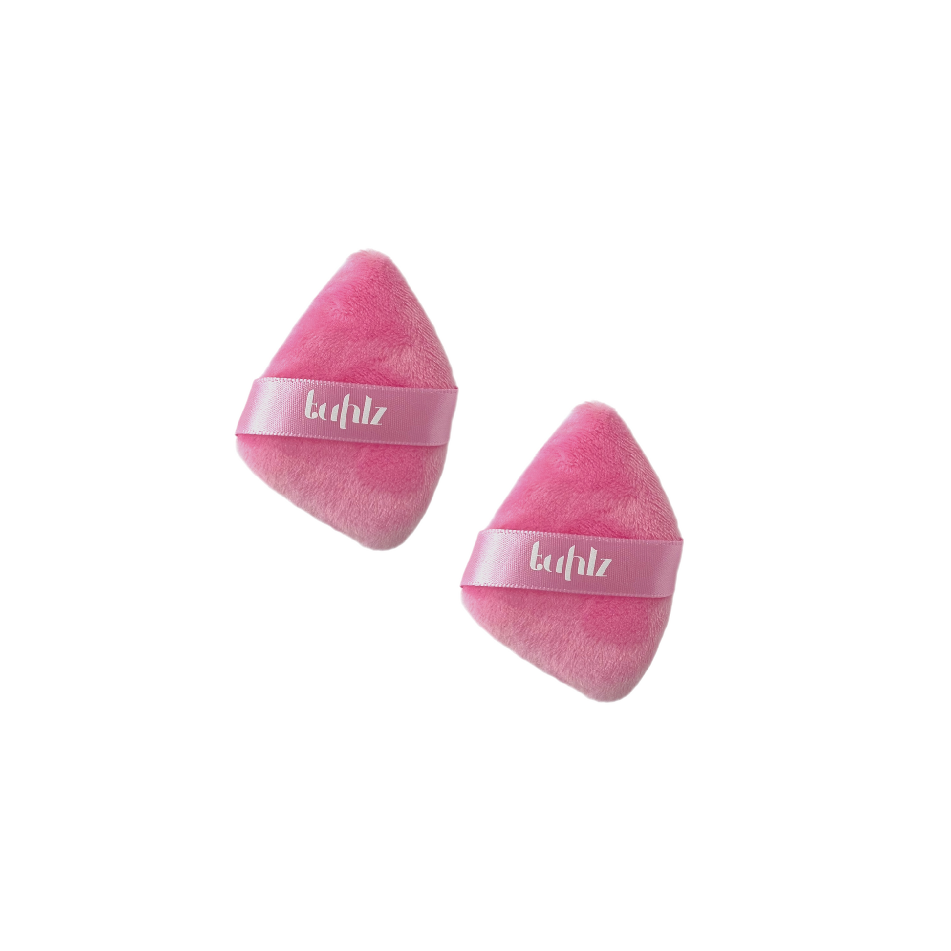 Two pink makeup sponge puffs with 'Shop Tuhlz' branding on the side.