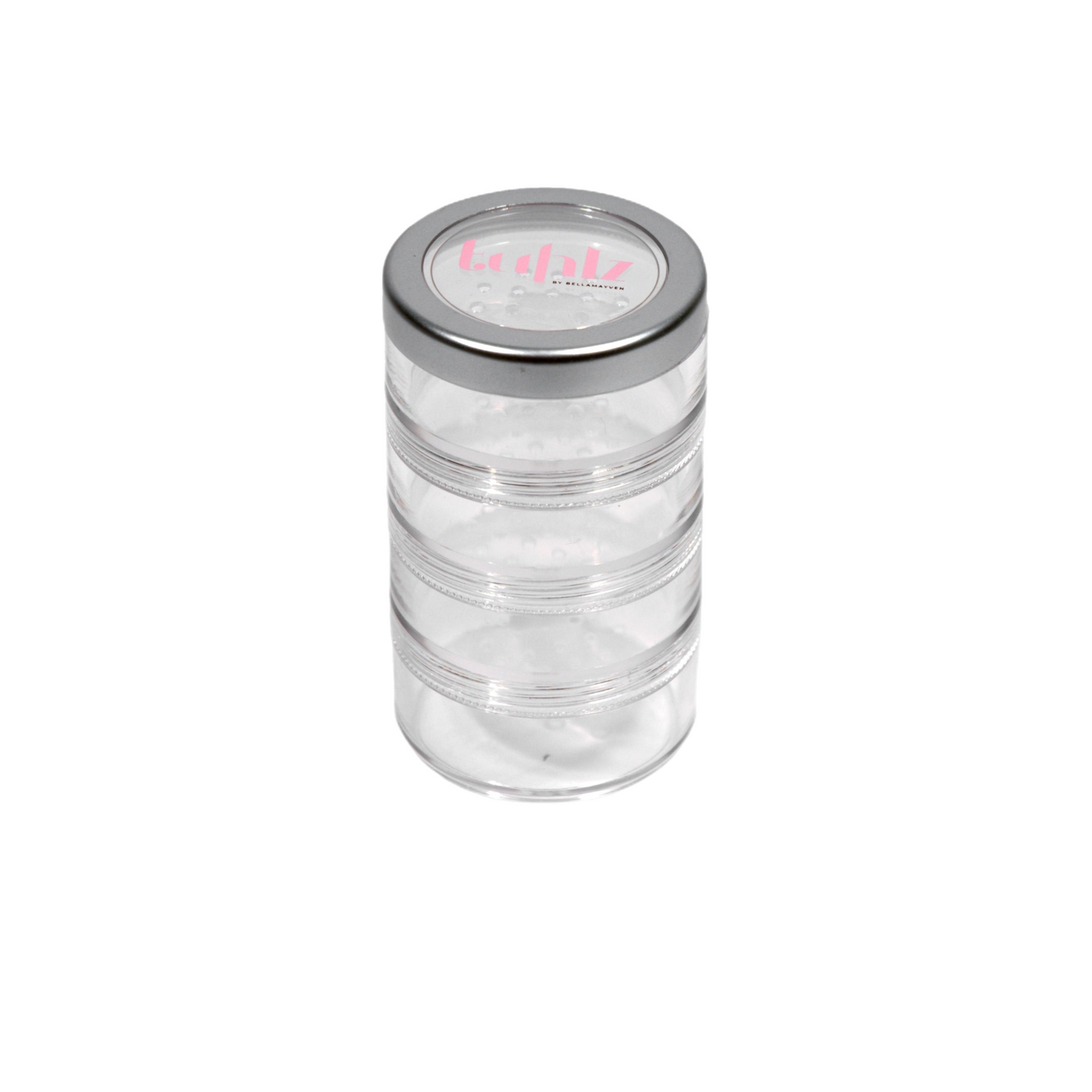 A clear acrylic loose powder jar stack with multiple tiers and a silver lid, labeled with the brand 'Vida'.