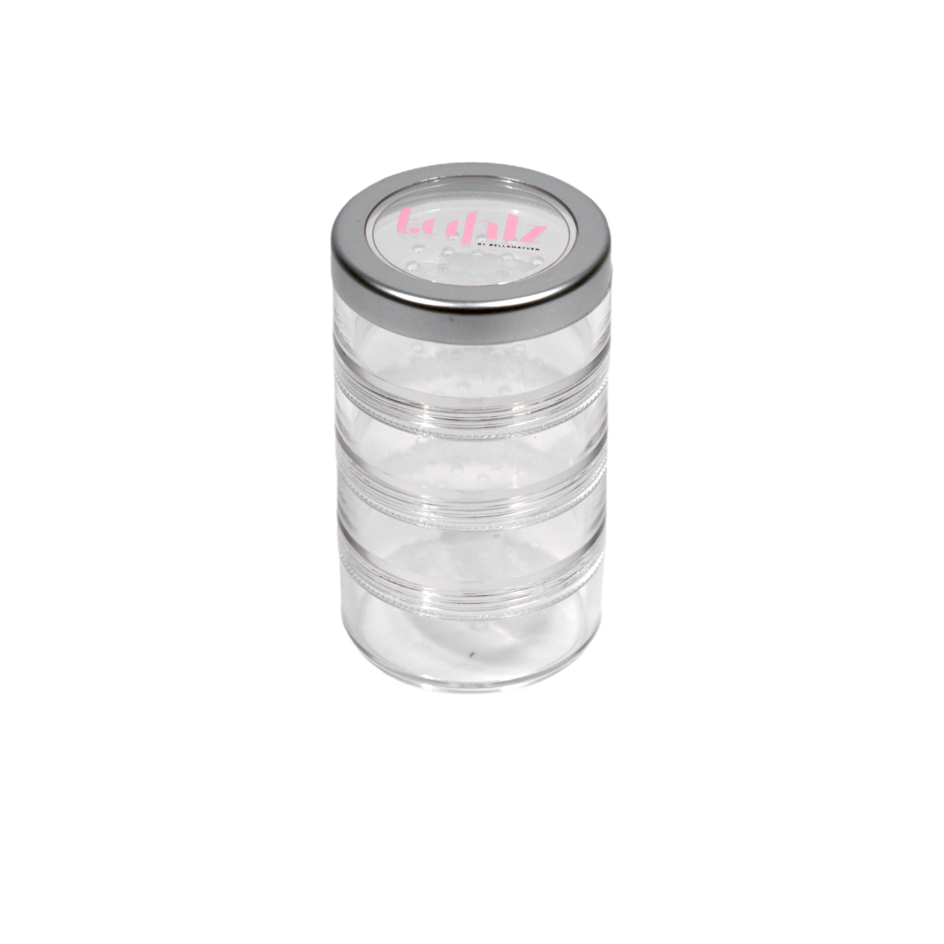 A clear acrylic loose powder jar stack with multiple tiers and a silver lid, labeled with the brand 'Vida'.